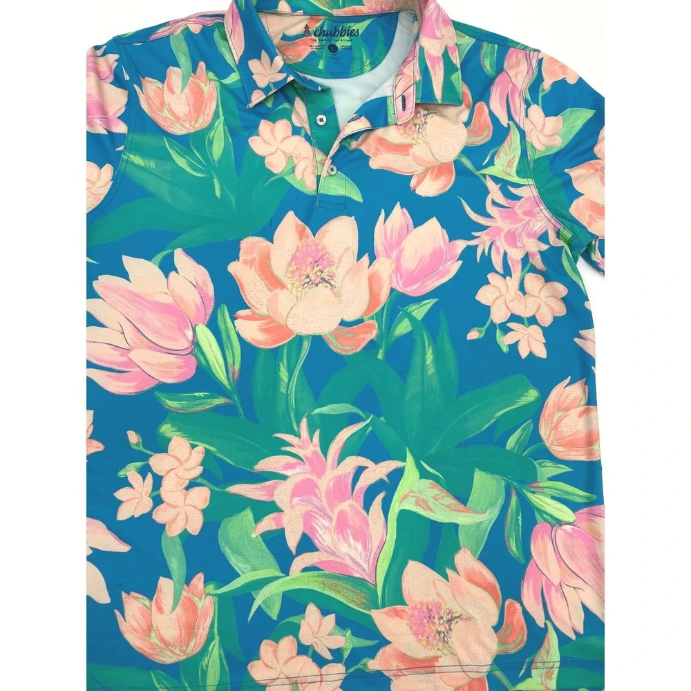 Chubbies Polo Shirt Mens Large Blue Floral Golf Performance Polo Tropical L